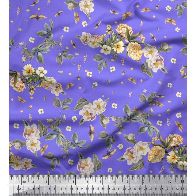 Soimoi Poly Georgette Fabric Leaves,Moth & Magnolia Floral Print Fabric by Yard 42 Inch Wide