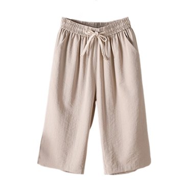 Timegard Womens Plus Size Capri Pants Elastic Waisted Drawstring Wide Leg Casual Crop Pants with Pockets