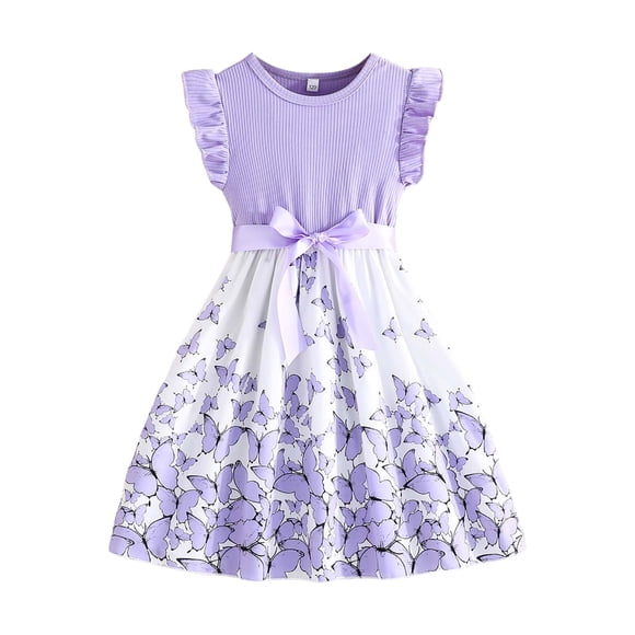 Splozh Flower Girl Lace Bowknot Tutu Dress Little Girls Butterfly Birthday Party Graduation Pleated Casual Swing Dresses Floral Print Summer Holiday Party Dress Purple,9-10 Years