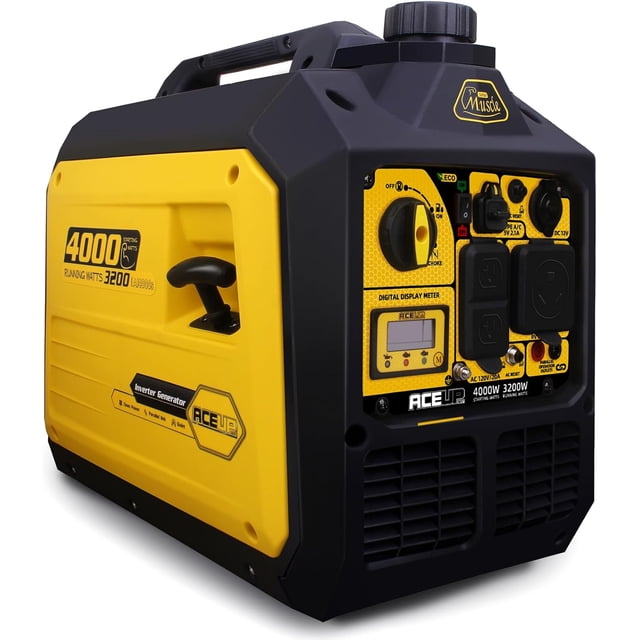 Aceup Energy 4000 Watt Portable Inverter Generator, gas-powered and RV-ready, with a compact yellow and black design. Features include a digital display meter, 120V AC, 12V DC, and USB outlets, and a 149cc 4-stroke OHV engine producing 4000 peak watts and 3200 running watts. Operates quietly at 55dB, ideal for camping, RV parks, and emergency backup power. EPA compliant, lightweight at 50.7 pounds, and backed by a 1-year warranty.