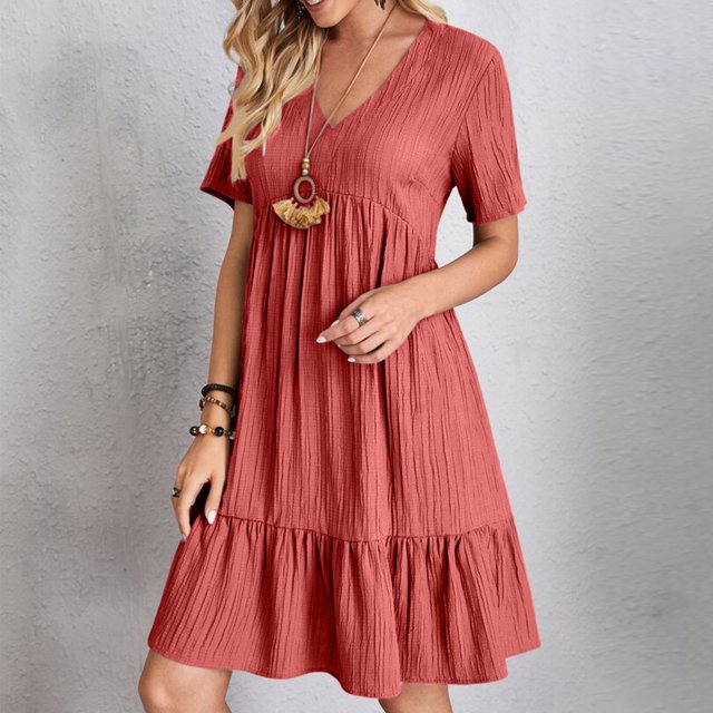 Robe d'Été pour Femmes DYTTDG Robes pour Femmes Grande Taille d'Été Décontractées à Col en V à Manches Courtes Robe Mini à Volants Excellents Cadeaux à Petit Prix Rouge Melon D\'eau,m