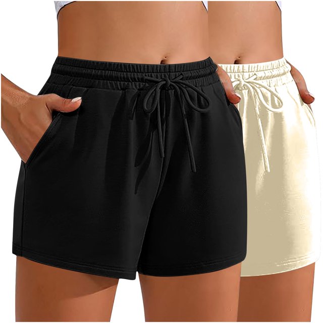 Plebaso 2 Pack Womens Sweat Shorts Casual Drawstring Running High Waisted Athletic Shorts with Pockets