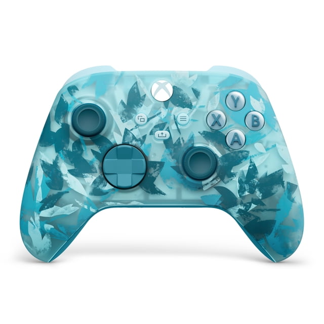 Xbox Wireless Controller – Ice Breaker Special Edition with a front-facing translucent icy blue design featuring frosted blue leaf patterns, textured triggers, rubberized grips, blue thumbsticks, a blue directional pad, and light blue ABXY buttons, compatible with Xbox Series X|S, Xbox One, PC, and cloud-enabled devices, often used for seamless device switching and customizable button mapping.