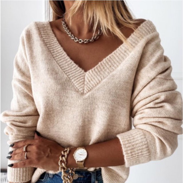 Mode Femmes Couleur Unie Manches Longues Pull Col en V Chemise Pull Tops