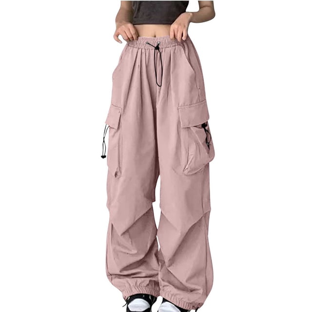 Yuyuzo Cargo Pants for Women High Waisted Elastic Drawstring Wide Leg Straight Lightweight Pants with Pockets