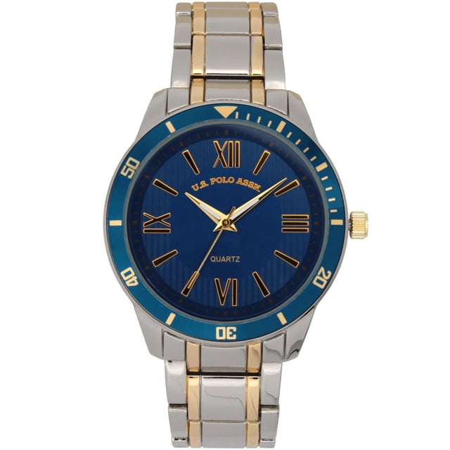 U.S. Polo Assn. Men’s Two-Tone Blue Dial Analog Watch centered front view showing a 40mm stainless steel case, blue dial with gold-tone Roman numeral markers and legible hour/minute hands, two-tone metal bracelet with 20 mm double-press clasp, Singapore movement and included battery; often worn as a dress or everyday men's wristwatch.