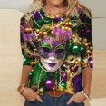 thumbnail image 1 of DDAPJ pyju T-Shirts de Mardi Gras pour Femmes 2025 Tenue de Fête à Thème Carnaval Masque Graphique Manches 3/4 Col Ras du Cou Blouse Haut en Solde Multicolore TTG, 1 of 5