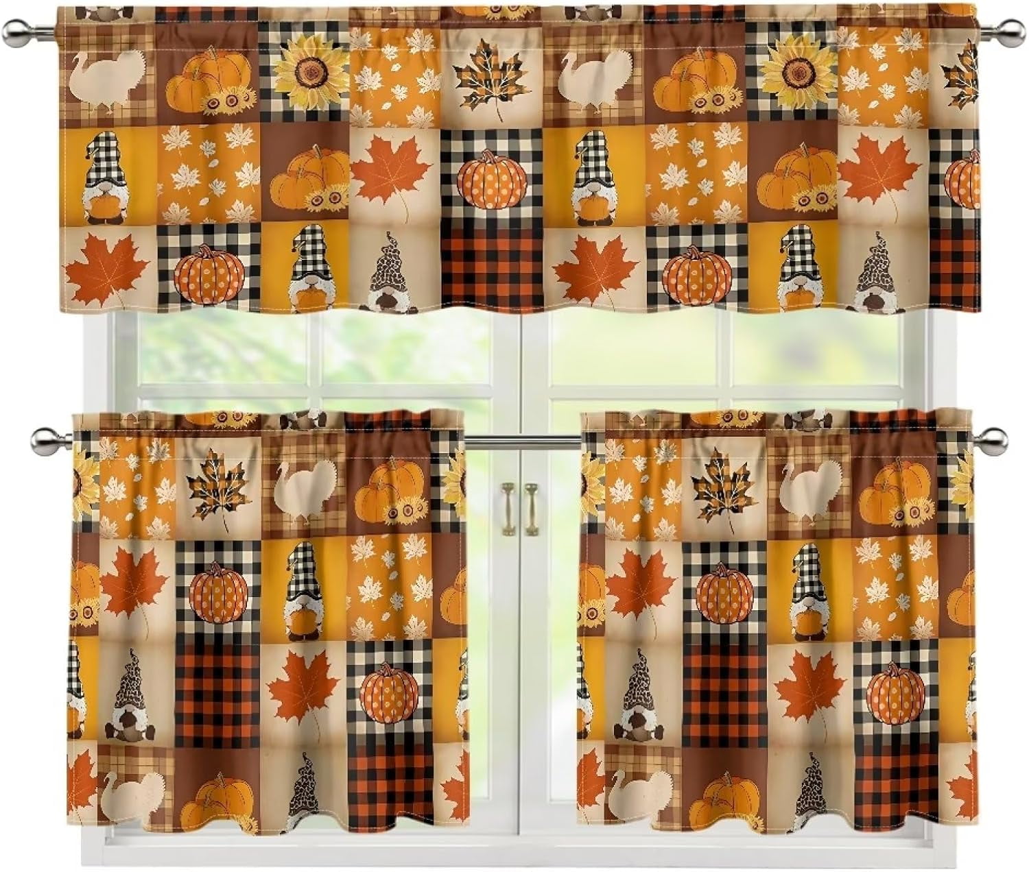 Maple Leave Kitchen Curtains Valance Set of 3, 3 Pieces Thanksgiving Window Curtain Tiers and Valance Sets Farmhouse Vintage Kitchen Tiers and Valance Sets