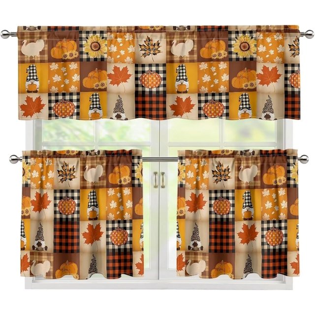 Maple Leave Kitchen Curtains Valance Set of 3, 3 Pieces Thanksgiving Window Curtain Tiers and Valance Sets Farmhouse Vintage Kitchen Tiers and Valance Sets