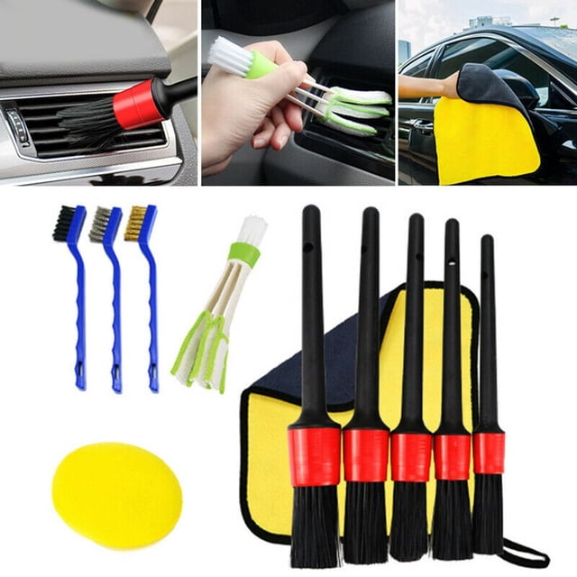 Ensemble de 11 Brosses de Détaillage Automobile, Poils de Sanglier, Outil de Nettoyage d'Écart de Roue Intérieur Auto