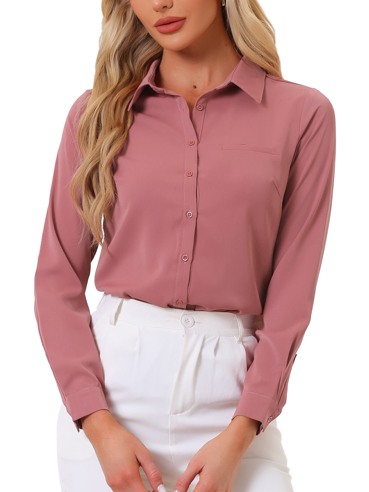 INSPIRE CHIC Chemise de Travail à Manches Longues à Boutons pour Femmes TP Rose Foncé
