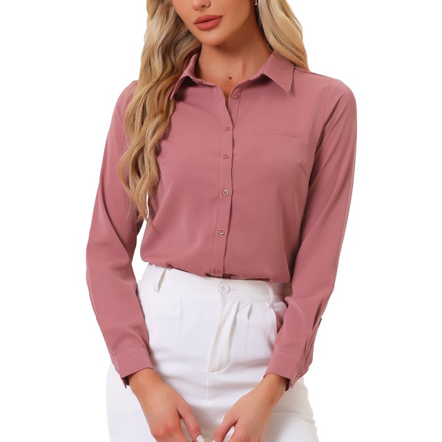 INSPIRE CHIC Chemise de Travail à Manches Longues pour Femme à Blocs de Couleur Boutonnée en TP, Rose Foncé. Cette blouse Présente un Tissu polyester Lisse avec un Col Pointu, une devant Boutonné et des Manches Retroussées. le design à Blocs de Couleur Ajoute une Touche Féminine Subtile, Complété par une Fausse Poche Poitrine. Conçue Ici avec un Pantalon Blanc, Elle Est Idéale pour le Travail, le Quotidien Ou les Rassemblements.
