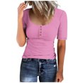 thumbnail image 1 of AherBiu Women Tops Stretchy Slim Tight Button Ribbed Knitted Short Sleeve Round Neck Basic Summer Tshirts, 1 of 4
