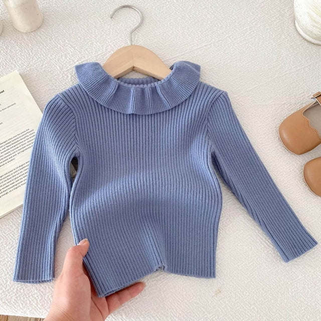 RXIRUCGD Enfants Hommes et Femmes Manches Longues Col à Revers Tricoté Polyvalent Chandail Tricoté Chandail de Base, Bleu, Taille : 110