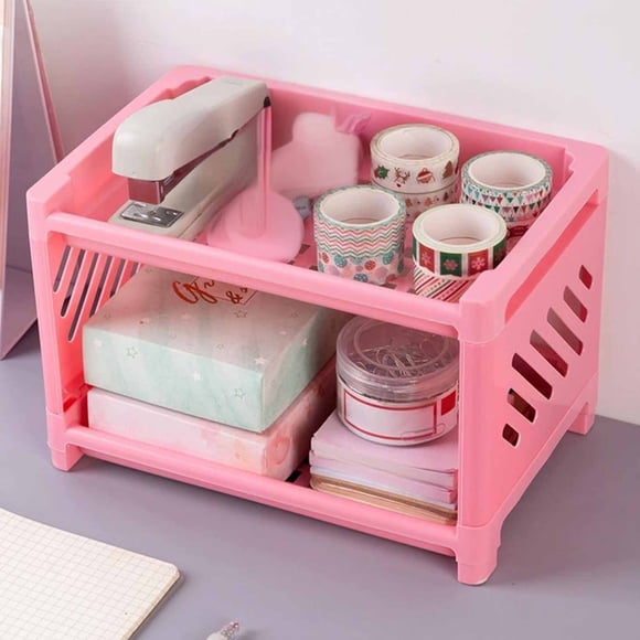 Étagère Organisatrice Double en Plastique pour Bureau avec 5 Compartiments pour Papeterie de Bureau, Rangement de Cosmétiques, Organisation du Comptoir de Cuisine, Fournitures de Salle de Bain, Livres et Déco