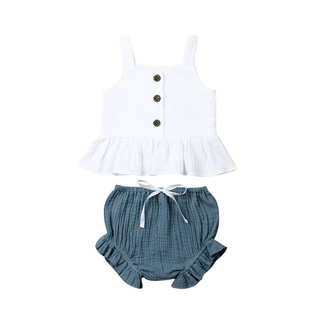 Newborn Baby Girls Button Sleeveless Crop Tops + Mini Shorts Outfits 2pcs Clothing Set