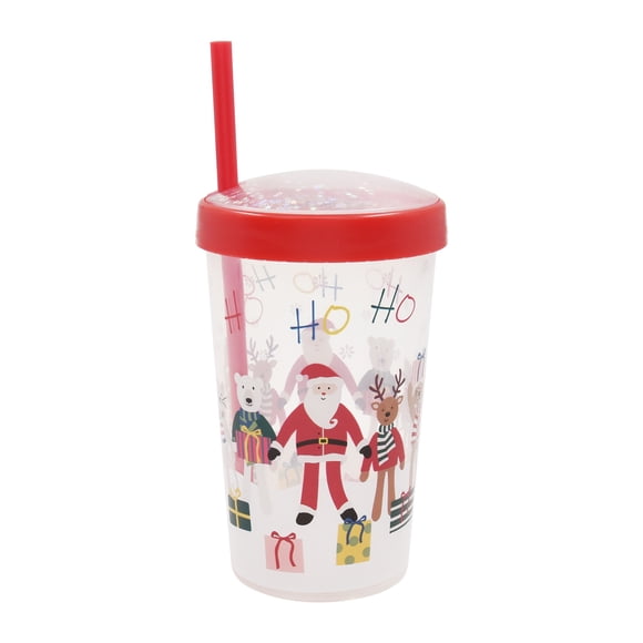 Holiday Time Christmas Santa "Ho Ho Ho" Plastic Tumbler with Straw, Red Glitter Lid, Partyware