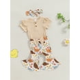thumbnail image 3 of EYIIYE Toddler Baby Girl 3Pcs Summer Outfits 0 3M 6M 12M 18M Infant Short Sleeve Jumpsuits Ribbed Ruffled Rompers with FloralChick Flare Pants Headbals Fashion Cute Casual Clothes for Daily, 3 of 9