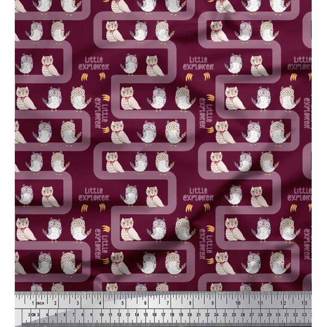 Soimoi Purple Cotton Voile Fabric Text & Owl Bird Printed Craft Fabric by the Yard 56 Inch Wide