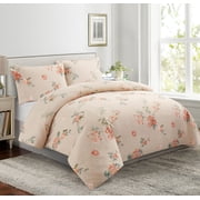 Marina Decoration Ultra Soft Silky Rich Printed Rayon from Bamboo All Season Duvet Cover Fitted Sheet Ensemble Bedding Set with Zipper and Corner Tie, Peach Floral Taupe Pattern