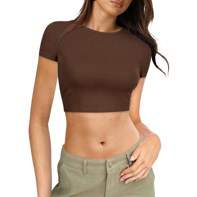 Hiiyo T-Shirt Court pour Femme à Manches Courtes, Col Ras du Cou, Coupe Ajustée, T-Shirt d'Été, Tailles P-TTG