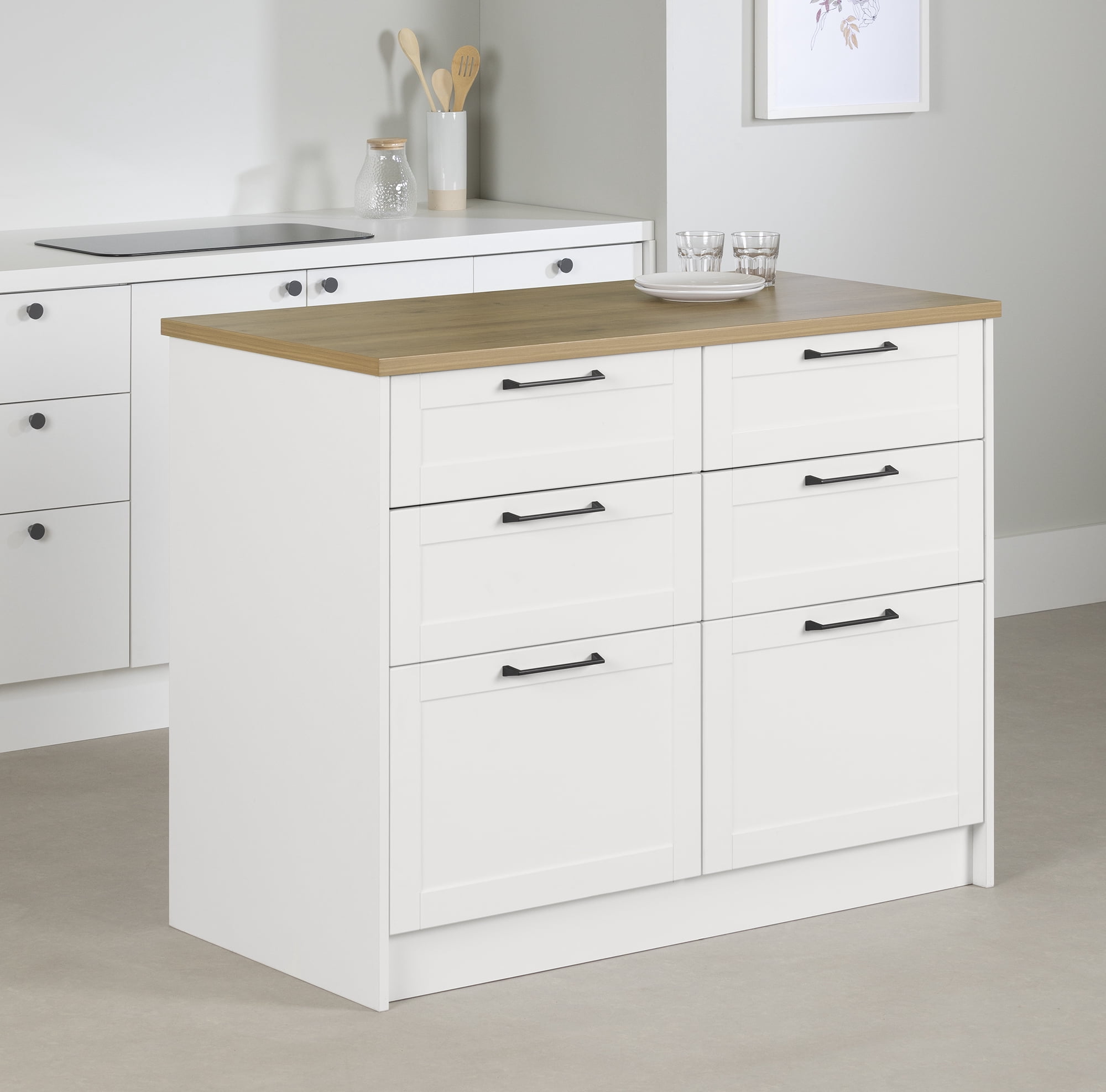 South Shore Toscano 6-Drawer Kitchen Island, in White and Maple Nutmeg
