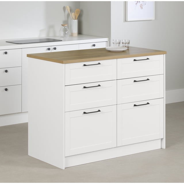 South Shore Toscano 6-Drawer Kitchen Island in white with a maple nutmeg melamine countertop, featuring six shaker-style drawers with black metal handles and soft-close slides, shown in a minimalist kitchen with light grey walls and white cabinetry, ideal for organized kitchen storage and prep.