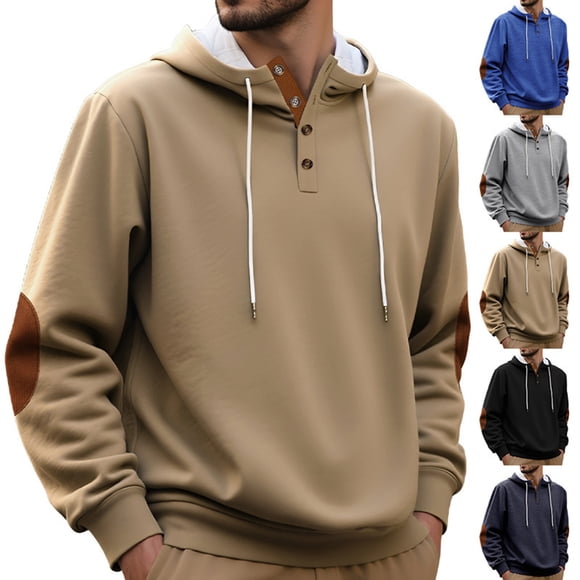 AnuYalue Men's Button Up Hoodie Fall Winter Sherpa Lined Pullover Outdoor Warm Hooded Sweatshirt Soild Color Drawstring Hoodies