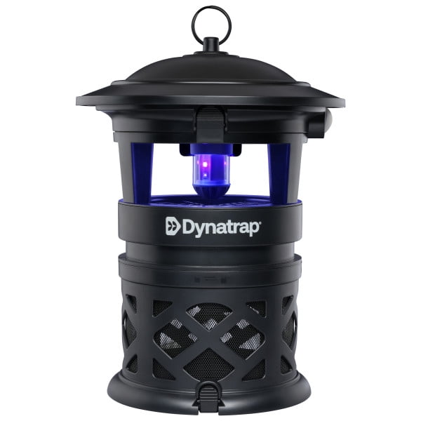 Dynatrap 1/2 Acre Outdoor Trap in matte black with a lantern-style design, hanging ring, UV-LED light, and mesh catch basket that attracts and traps mosquitoes and flying insects for effective outdoor pest control.