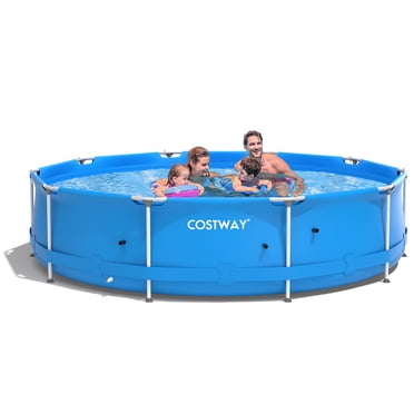Costway Piscine Ronde hors Terre pour Patio, Piscine à Cadre avec Couverture de Piscine, Cadre en Fer, Bleu