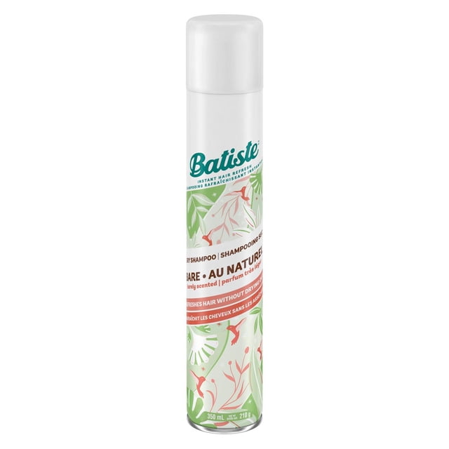 Batiste Dry Shampoo Original Fragrance value pack in a 350 ml white aerosol can with green and red botanical designs, refreshes hair by absorbing oil and adding texture without water, ideal for extending blow drys and adding body.