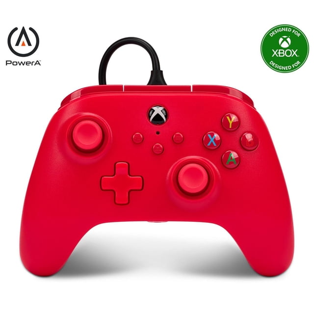 PowerA Manette Filaire pour Xbox Series X/S en Rouge, Conception Ergonomique Orientée vers l'Avant avec Doubles sticks Analogiques, Pavé en D, Boutons ABXY en Couleurs Xbox, Bouton Xbox home, Câble USB-C Filaire de 10 Pi, Doubles Moteurs à Ondulations, Gâchettes à Impulsion et Prise Casque de 3,5 mm, sous Licence Officielle pour Xbox et Jeux Windows.