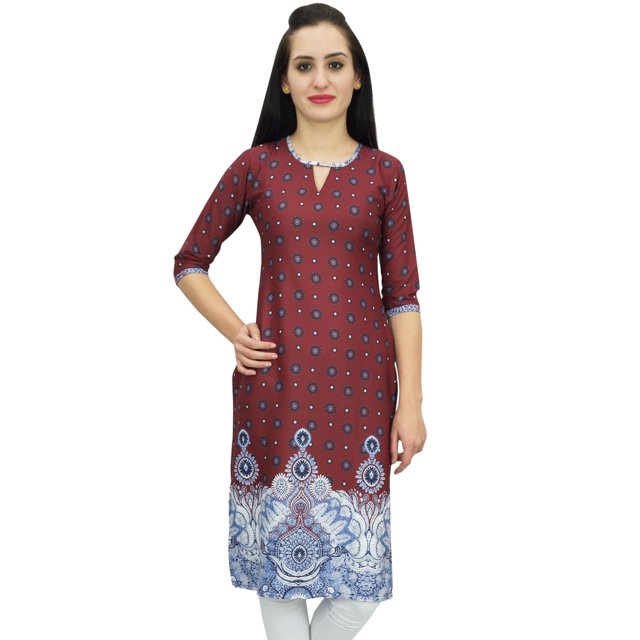 Bimba Tunique Imprimée pour Femme Kurti Kurta en Georgette Brune Blouse Indienne Longue-22