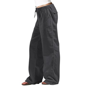 LUOGENLI Female Casual Pants Women's Solid Color Loose Comfort and Linen Drawstring Elastic Waist Pocket Straight Leg Trousers Casual Pants Cotton Casual Pants Women Plus Size Yellow Light Gray S