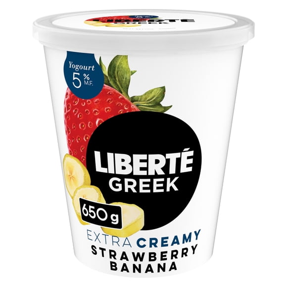 Liberté Grec Yogourt Extra crémeux 5 %, Fraise Banane, Teneur élevée en protéines, 650g