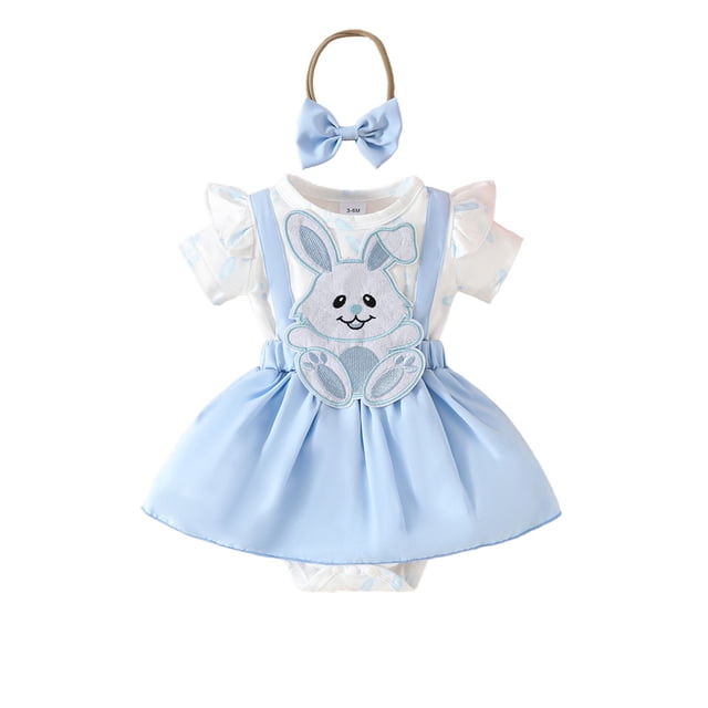 GPOECD Girls Short Sleeve Easter Cartoon Rabbit Romper Bodysuits Dress Headbands Set Short Sleeve Rompers for Light Blue-H,0-3 Months