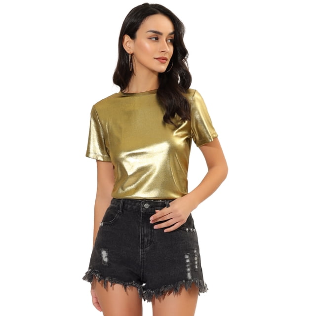 INSPIRE CHIC Women's Party Metallic Textured Short Sleeve Shiny Multi Color Top