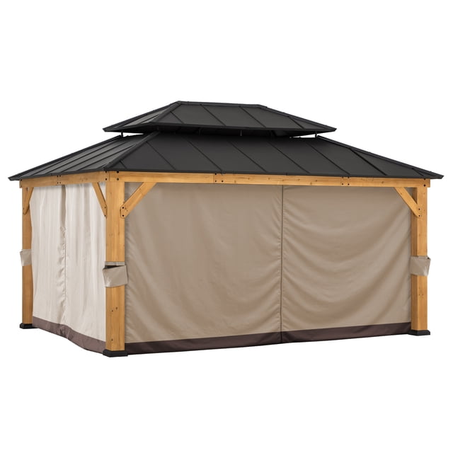 Sunjoy Universal Replacement Privacy Curtain in beige with dark brown trim, fitted on a wooden frame gazebo with a black metal two-tier roof, designed for 12 x 16 ft outdoor spaces to provide waterproof privacy and insect protection, suitable also as a wind barrier for patios.