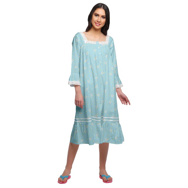 Moomaya Robe de Nuit en Coton à Manches Longues à Encolure Carrée Imprimée pour Femmes
