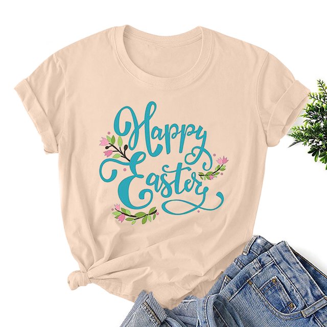 EGNMCR Easter Chemise Imprimée T-Shirts Graphiques pour Femmes T-Shirts Easter Imprimés Col Rond Manches Courtes T-shirt Ample T-Shirts pour Femmes