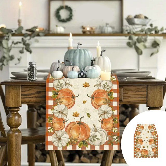 YIMWNYI Fall Table Runner , Décoration de Table de Récolte de l'Action de Grâce, Design Feuille de Citrouille d'Automne, Parfait pour les Dîners, Tissu en Lin, Décoration Saisonnière Réutilisable