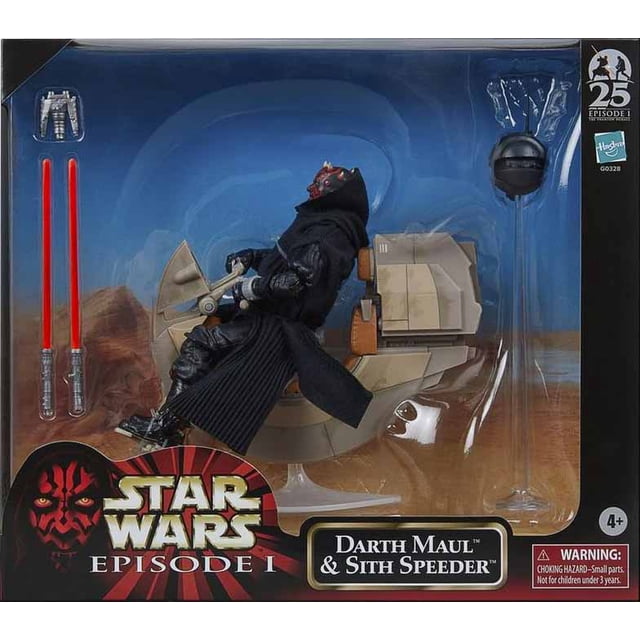 Star Wars The Black Series 6 Inch Vehicle Figure SDCC Exclusive featuring Darth Maul and his Sith Speeder. This collectible action figure showcases Darth Maul in his iconic black robe seated on the Sith Speeder, with two red lightsabers and a desert-themed backdrop. Packaged in a collector's box with Star Wars Episode I branding and safety warnings.