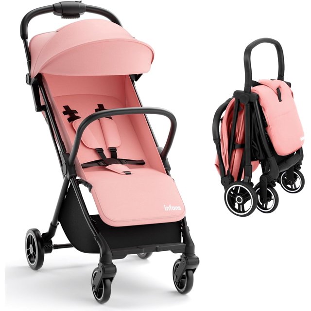 INFANS Lightweight Baby Stroller, One-Hand Gravity Fold, Compact Travel Stroller for Airplane with Aluminium Frame, Adjustable Backrest and Canopy, Foldable Infant Toddler Stroller