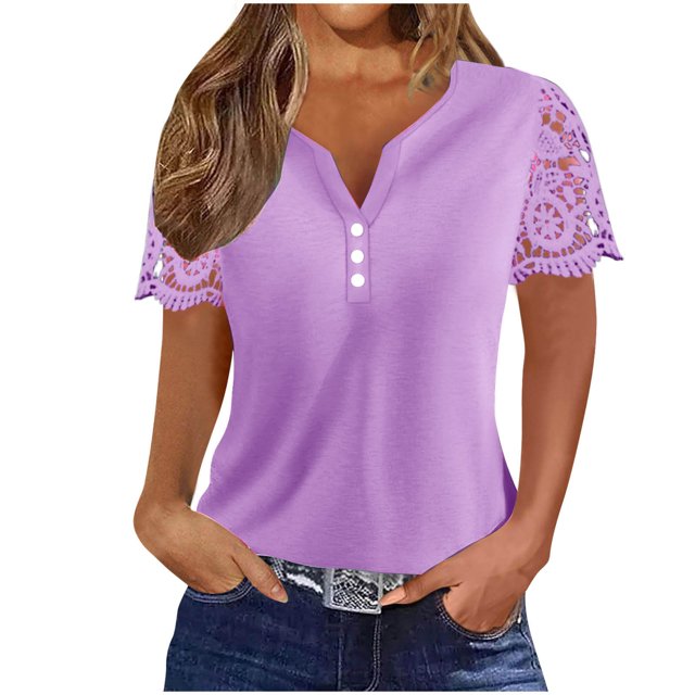 Timegard Womens Summer Tops Notched V-Neck Button Lace Short Sleeve Solid Color Dressy Casual Tunic Tops