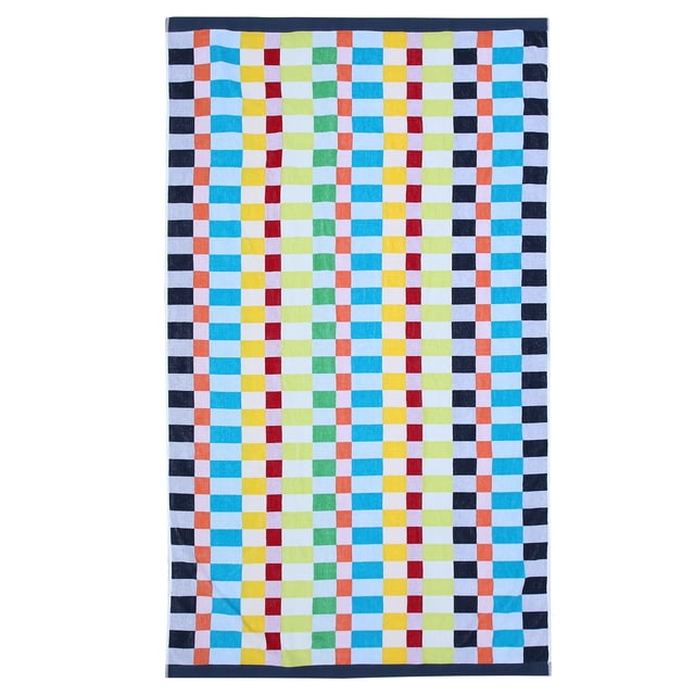 Hometrends Cotton Beach Towel, Checkerboard, 1 Piece, 40" x 70" featuring a vibrant checkerboard pattern with blue, yellow, green, red, orange, and black squares on white 100% cotton fabric, soft, absorbent, oversized for beach or pool use, with a hanging loop and machine washable for easy care, also suitable for picnics or outdoor lounging.