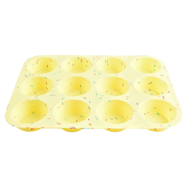 Dvkptbk Silicone Muffin Pan New Colorful Grain 12 Mafen Cup Round Pudding Household Cake Baking Tool Kitchen Essentials. Yellow silicone bakeware with 12 round cups featuring colorful grain patterns, ideal for baking muffins, puddings, and cakes. Glossy, flexible surface for easy demolding and high-temperature resistance up to 220°C. Suitable for ovens, microwaves, refrigerators, and freezers, making it a versatile kitchen essential.