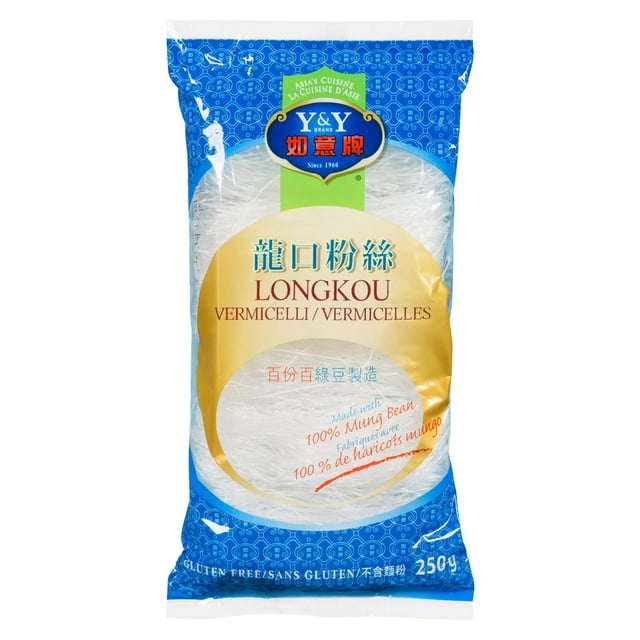 Y&Y Longkou vermicelli 250g package containing fine, translucent mung bean starch noodles, gluten-free and versatile for Asian soups, stir-fries, salads, and commonly used as glass or cellophane noodles.