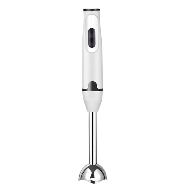 Immersion Hand Stick Blender Electric Food Vegetable Grinder Food Mixer in white, designed with a stainless steel panel for splash prevention and easy cleaning. Features an ergonomic handle for firm grip and one-button start for high efficiency. Ideal for blending soups, smoothies, and sauces directly in various containers, including glass and boiling pots. Often used as a handheld emulsion blender or with immersion blender cups.