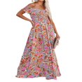 thumbnail image 2 of Femmes Boho Beach Dress Off Shoulder Wrap Dress Manches Courtes Imprimé Floral Ample Coupe Longue Robe Fendue, 2 of 6