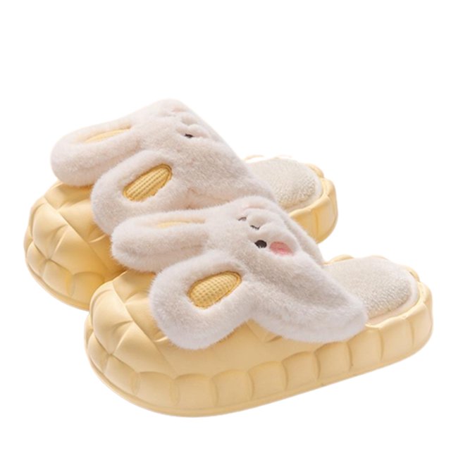 Womens Furry Slippers Plush Lining Cute Rabbit Removable Memory Foam Thick Bottom Soft Sole Comfortable Non-Slip Warm Winter Home Slippers Yellow